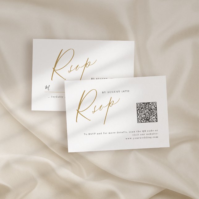 Guld moderna skript, minimalistisk bröllop QR-kod OSA Kort (Gold modern script minimalist wedding QR code RSVP Card)