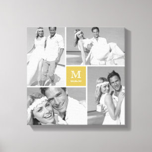Guld Modernt Rutnät Monogram Bröllop 4 Foto Collag Canvastryck