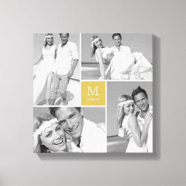 Guld Modernt Rutnät Monogram Bröllop 4 Foto Collag Canvastryck (Framsida)