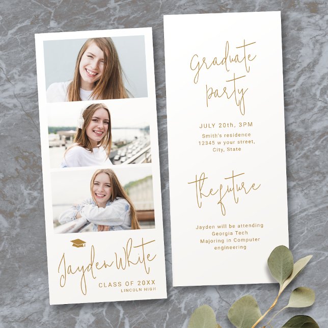 Guld Modernt Skript 3 Foto Examenhälsning Inbjudningar (Gold Modern Script 3 Photo Graduation Announcement)