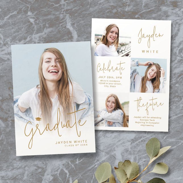 Guld Modernt Skript 4 Foto Examen Annonsering Inbjudningar (Gold Modern Script 4 Photo Graduation Announcement)
