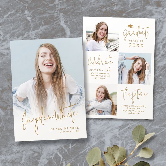 Guld Modernt Skript 4 Foto Examenstillkännande Inbjudningar (Gold Modern Script 4 Photo Graduation Announcement)