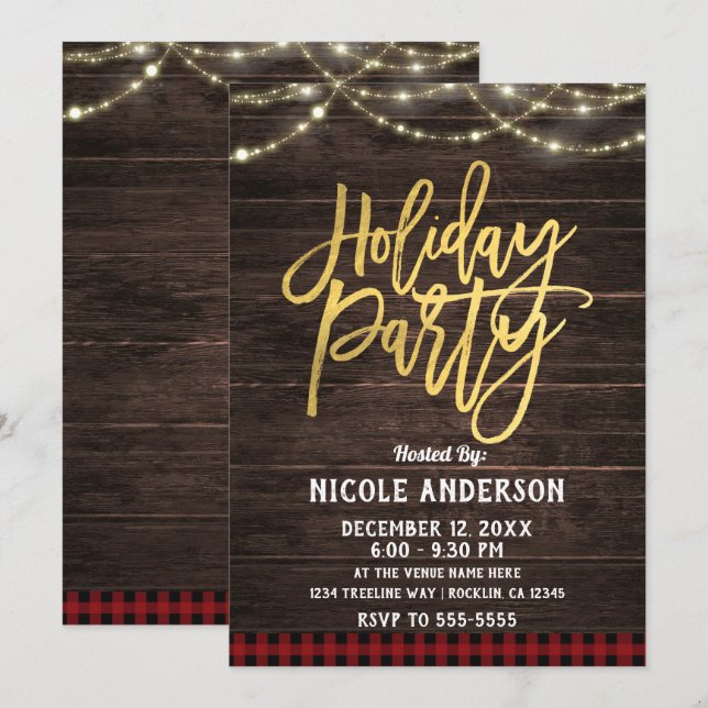 Guld Modernt Skript Semesterfest Rustik Trä Rutig Inbjudningar (Fram/baksida)