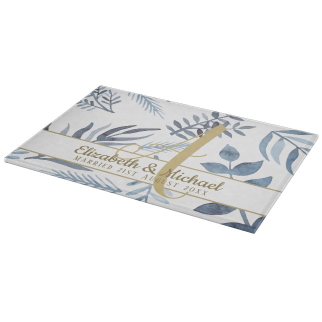 Guld Monogram Azure Blue Botanical Löv Bröllop (Hörn)