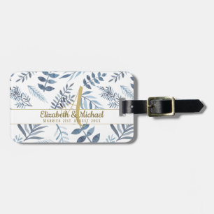 Guld Monogram Azure Blue Botanical Löv Bröllop Bagagebricka