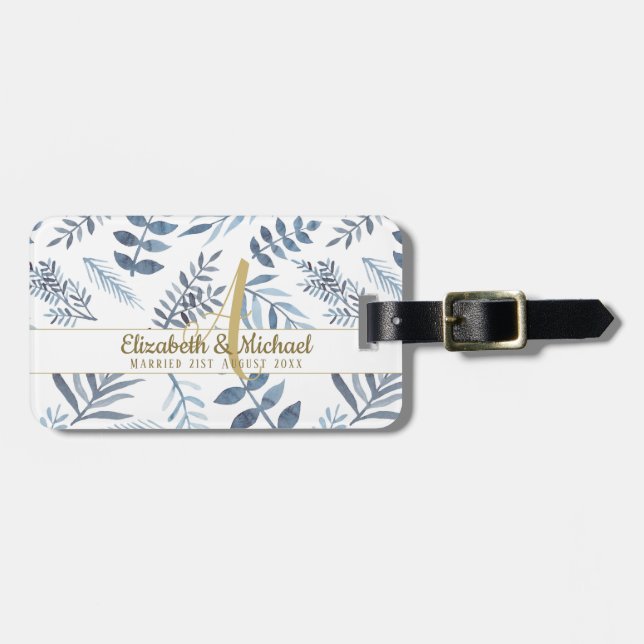 Guld Monogram Azure Blue Botanical Löv Bröllop Bagagebricka (Horisontell Framsida)