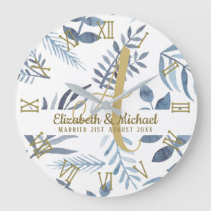Guld Monogram Azure Blue Botanical Löv Bröllop Stor Klocka