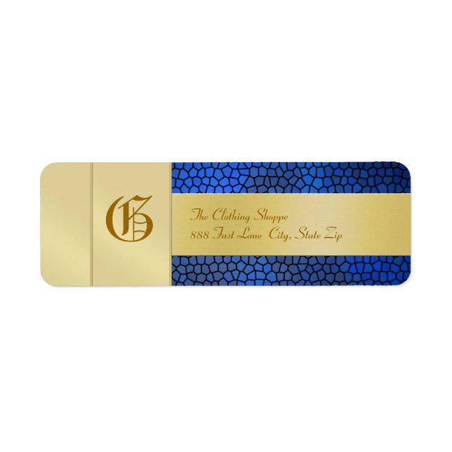 Guld Monogram Blue Business Address Label Returadress Etikett (Framsidan)