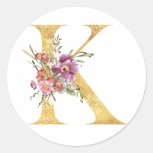 Guld MONOGRAM bokstav K med blommor Runt Klistermärke