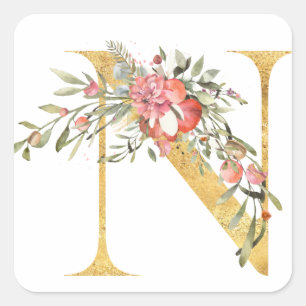 Guld MONOGRAM bokstav N med blomma Fyrkantigt Klistermärke