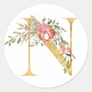 Guld MONOGRAM bokstav N med blomma Runt Klistermärke