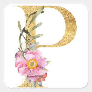 Guld MONOGRAM bokstav P med blomma Fyrkantigt Klistermärke