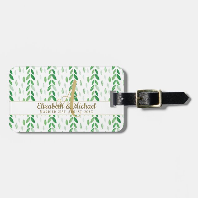 Guld Monogram botaniskt Watercolor Greenery Weddin Bagagebricka (Horisontell Framsida)