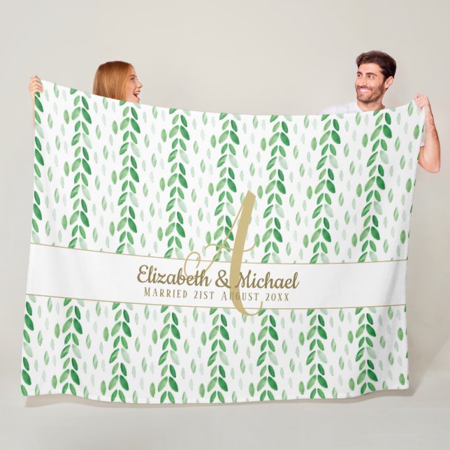 Guld Monogram botaniskt Watercolor Greenery Weddin Fleecefilt (På plats)