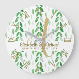 Guld Monogram botaniskt Watercolor Greenery Weddin Stor Klocka