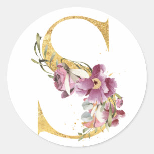 Guld MONOGRAM brev S med blomma Runt Klistermärke