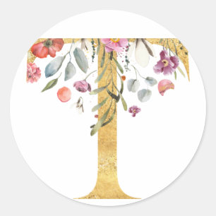 Guld MONOGRAM brev T med blomma Runt Klistermärke