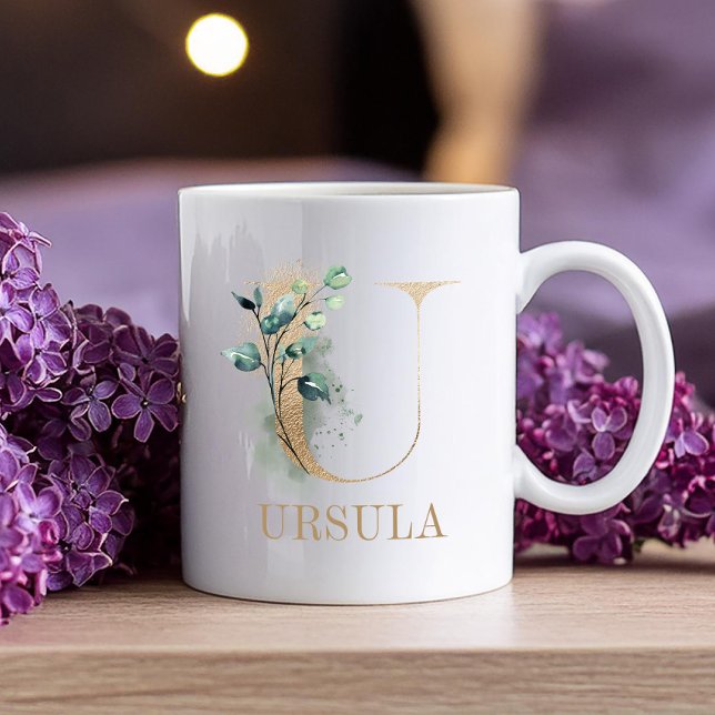 Guld Monogram Brev U Blommigt Kaffemugg (Skapare uppladdad)