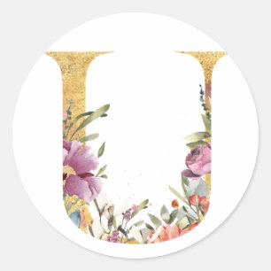 Guld MONOGRAM brev U med blomma Runt Klistermärke