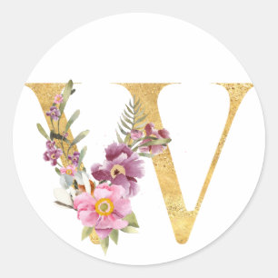 Guld MONOGRAM brev W med blomma Runt Klistermärke