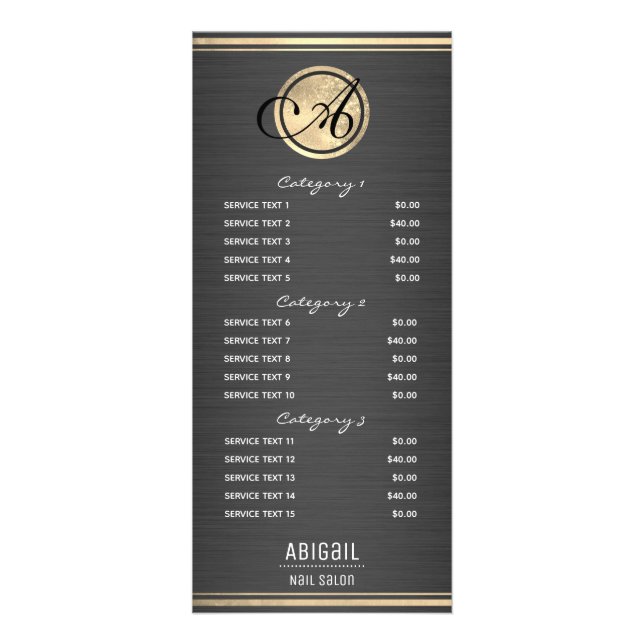 Guld Monogram Brushed Metall Nail Salon 3 Service Reklamkort (Framsidan)