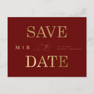 Guld Monogram Deep Red Bröllop spara datum Vykort