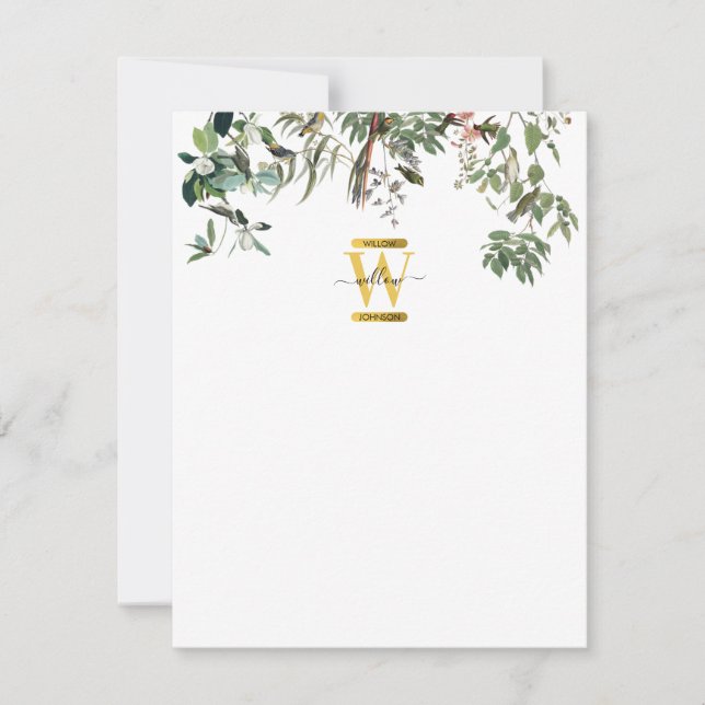 Guld Monogram Elegant Eucalyptus Grey & Birds Anteckningskort (Framsida)