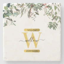 Guld Monogram Elegant Eucalyptus Grey & Birds