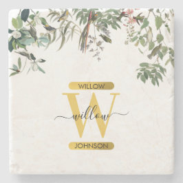 Guld Monogram Elegant Eucalyptus Grey & Birds Stenunderlägg
