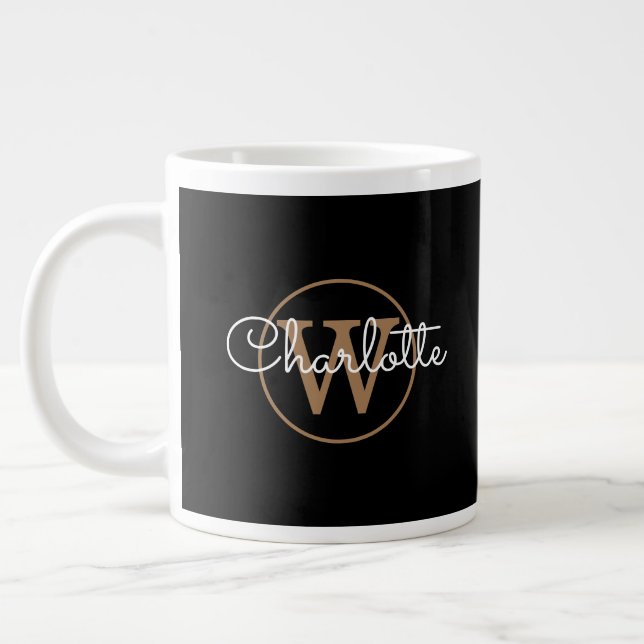 Guld Monogram Elegant Girly Script Black Jumbo Mugg (Vänster)