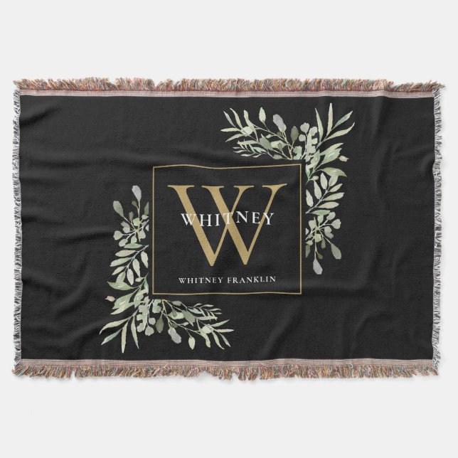 Guld Monogram Elegant Greenery Black Filt (Framsidan)