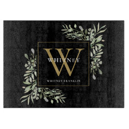 Guld Monogram Elegant Greenery Foliage Black
