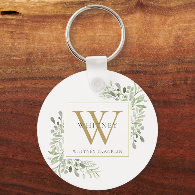 Guld Monogram Elegant Greenery Keychain Nyckelring (Framsida)
