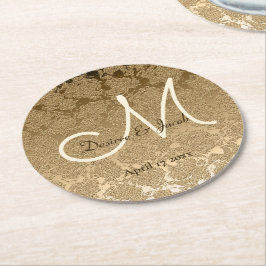 Guld Monogram Elegant Modern Bröllop Underlägg Papper Rund