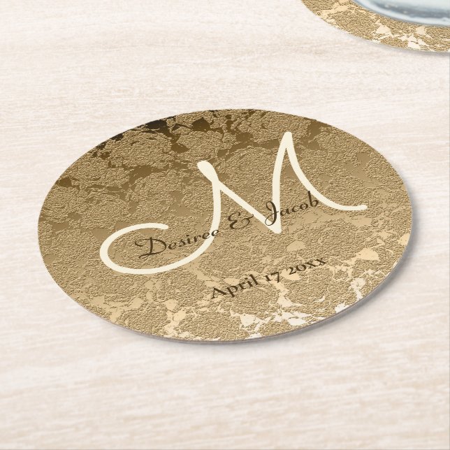 Guld Monogram Elegant Modern Bröllop Underlägg Papper Rund (Vinklad)