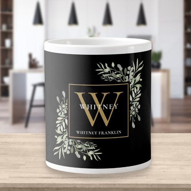Guld Monogram Elegant Modern Greenery Black Jumbo Mugg (Skapare uppladdad)