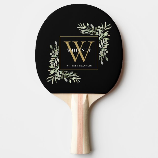 Guld Monogram Elegant Modern Greenery Black Pingisracket (Framsidan)