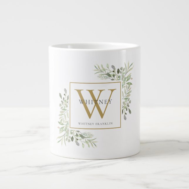 Guld Monogram Elegant Modern Greenery Jumbo Mugg (Framsidan)
