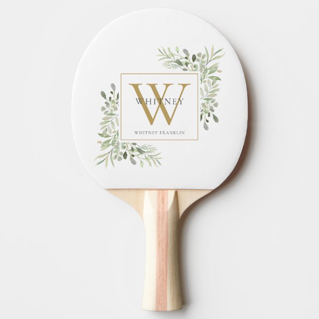 Guld Monogram Elegant Modern Greenery Pingisracket (Framsidan)