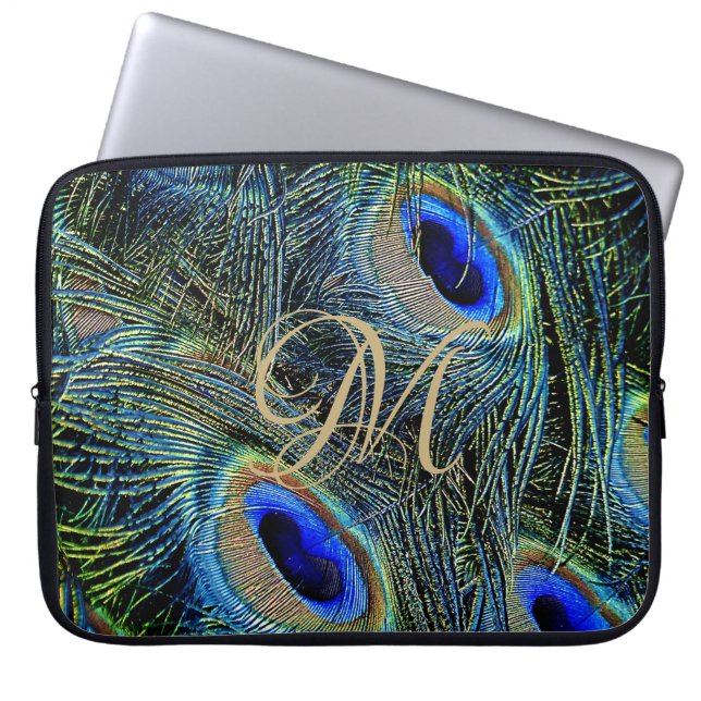 Guld Monogram Färgfulla Peacock Feathers Laptop Fodral (Framsidan)