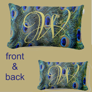 Guld Monogram Färgfulla Peacock Feathers Lumbarkudde