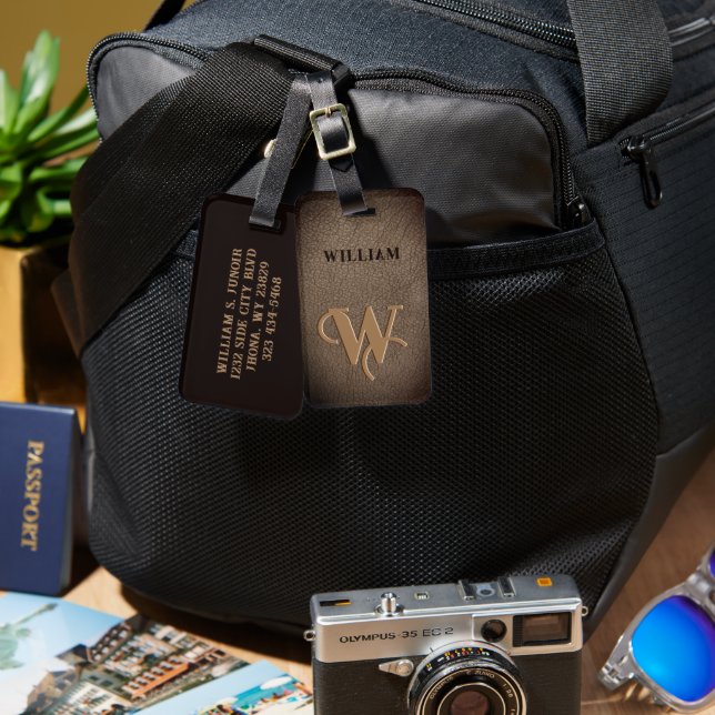 Guld Monogram Faux Leather Mörk brun Bagagebricka (Fram & Baksida)