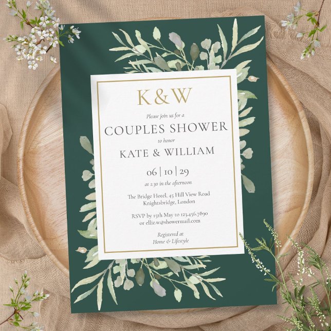 Guld Monogram Greenery Emerald Par Shower Inbjudningar (Gold Monogram Greenery Emerald Couples Shower Invitation)