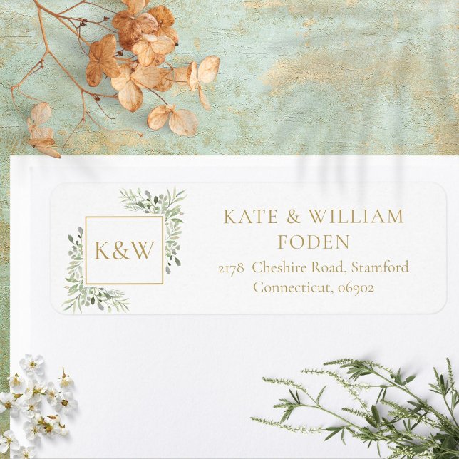 Guld Monogram Greenery Foliage Adress Returadress Etikett (Gold Monogram Greenery Foliage Address Label)