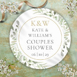 Guld Monogram Greenery Par Möhippa Runt Klistermärke<br><div class="desc">Dessa botaniska löv för botaniskt par-duschdekaler i chic har känsliga vattenfärgsfärger och kan vara personlig med dina duschdetaljer om initialer och speciella par. Designad av Thisisnotme</div>