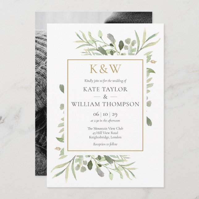Guld Monogram Greenery Photo Bröllop Inbjudningar (Fram/baksida)