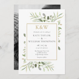 Guld Monogram Greenery Photo Bröllop Inbjudningar