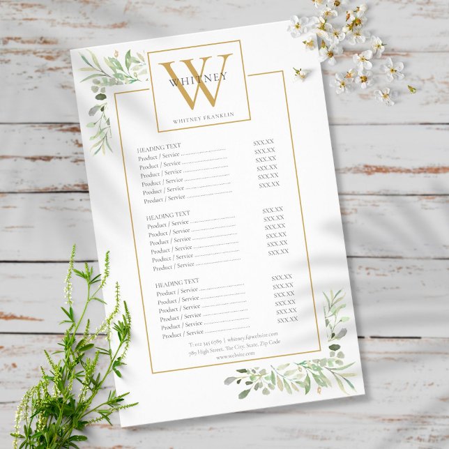 Guld Monogram Greenery Salon Service Menu Flygblad (Skapare uppladdad)