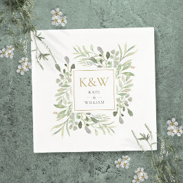 Guld Monogram Greenery Watercolor Bröllop Pappersservett