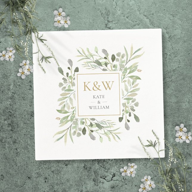 Guld Monogram Greenery Watercolor Bröllop Pappersservett (Gold Monogram Greenery Watercolor Wedding Napkins)